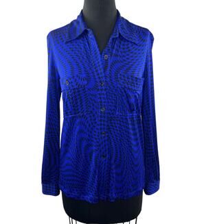 Et Vous Blue Black Top Silk Houndstooth Collared Classic Button-Up Size Medium M